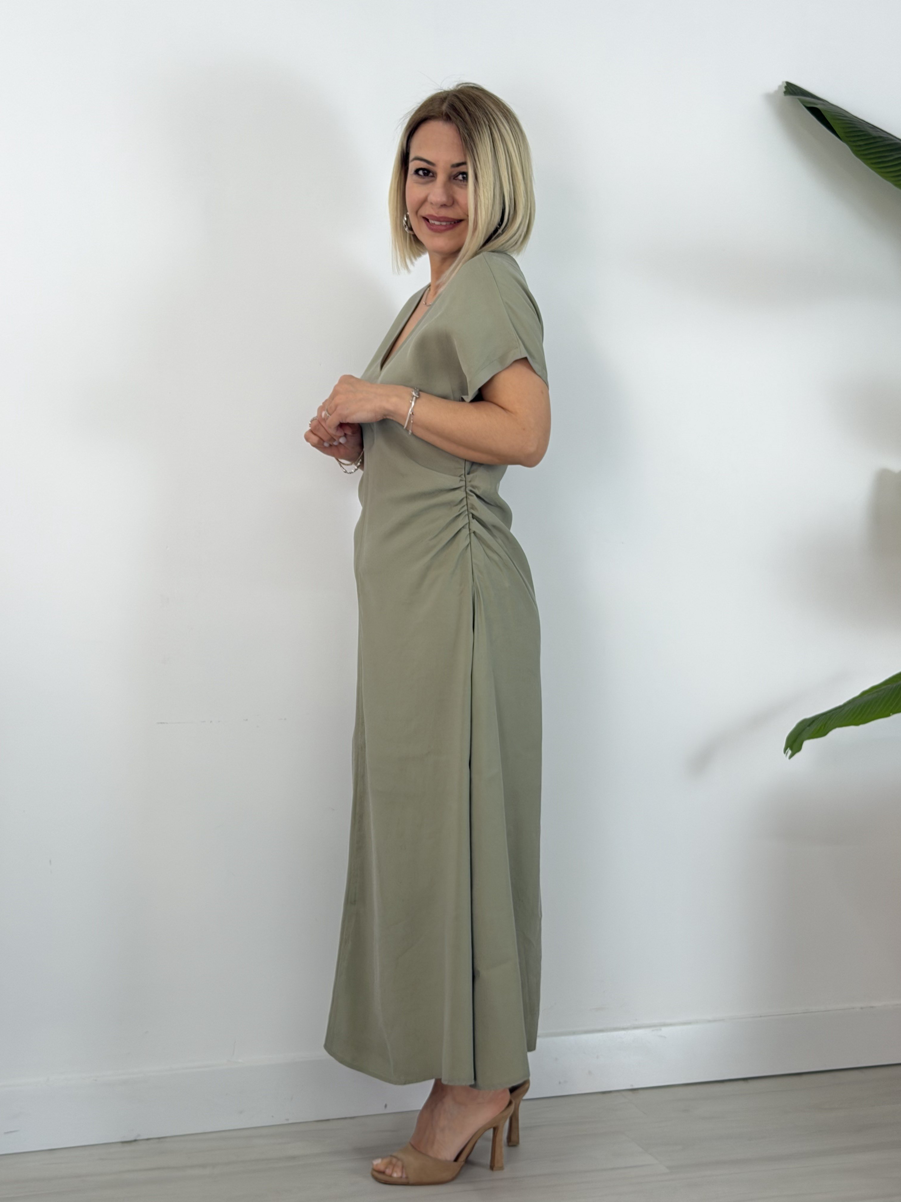 5478 Bel Drapeli, V Yaka, Tensel Kumaş Elbise