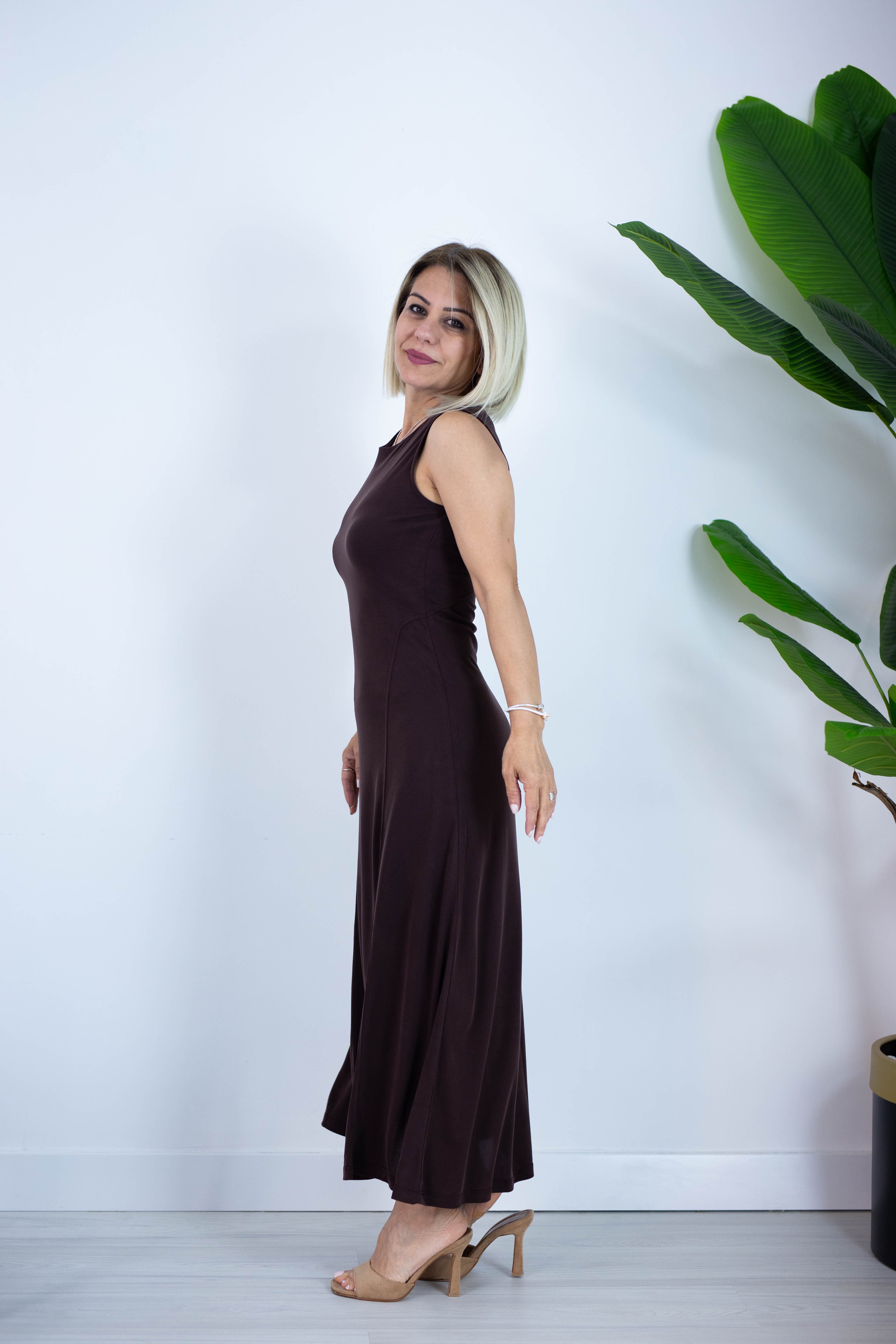 6755 BİSİKLET YAKA, KOLSUZ, PARÇALI, MODAL ELBİSE
