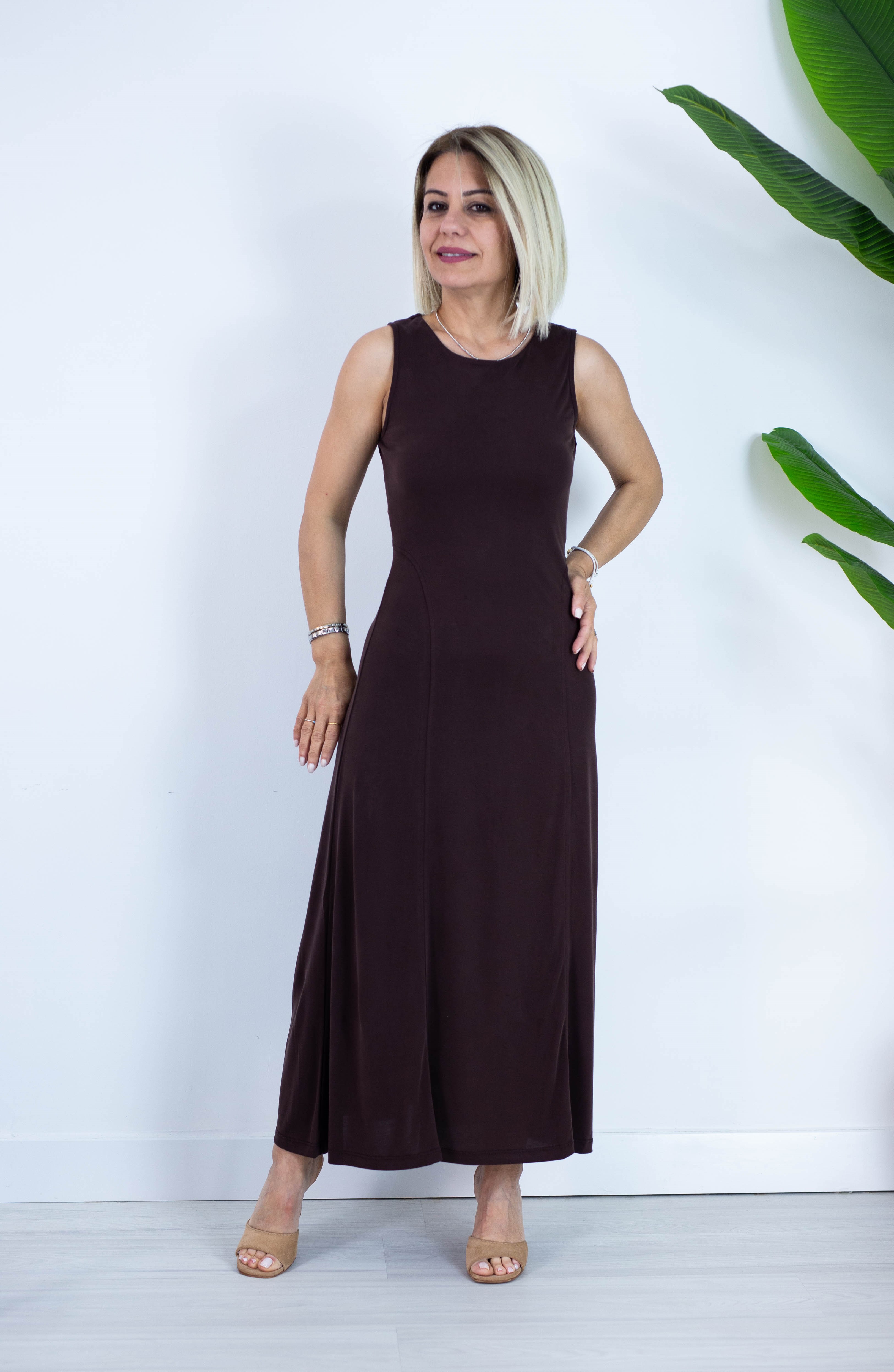 6755 BİSİKLET YAKA, KOLSUZ, PARÇALI, MODAL ELBİSE