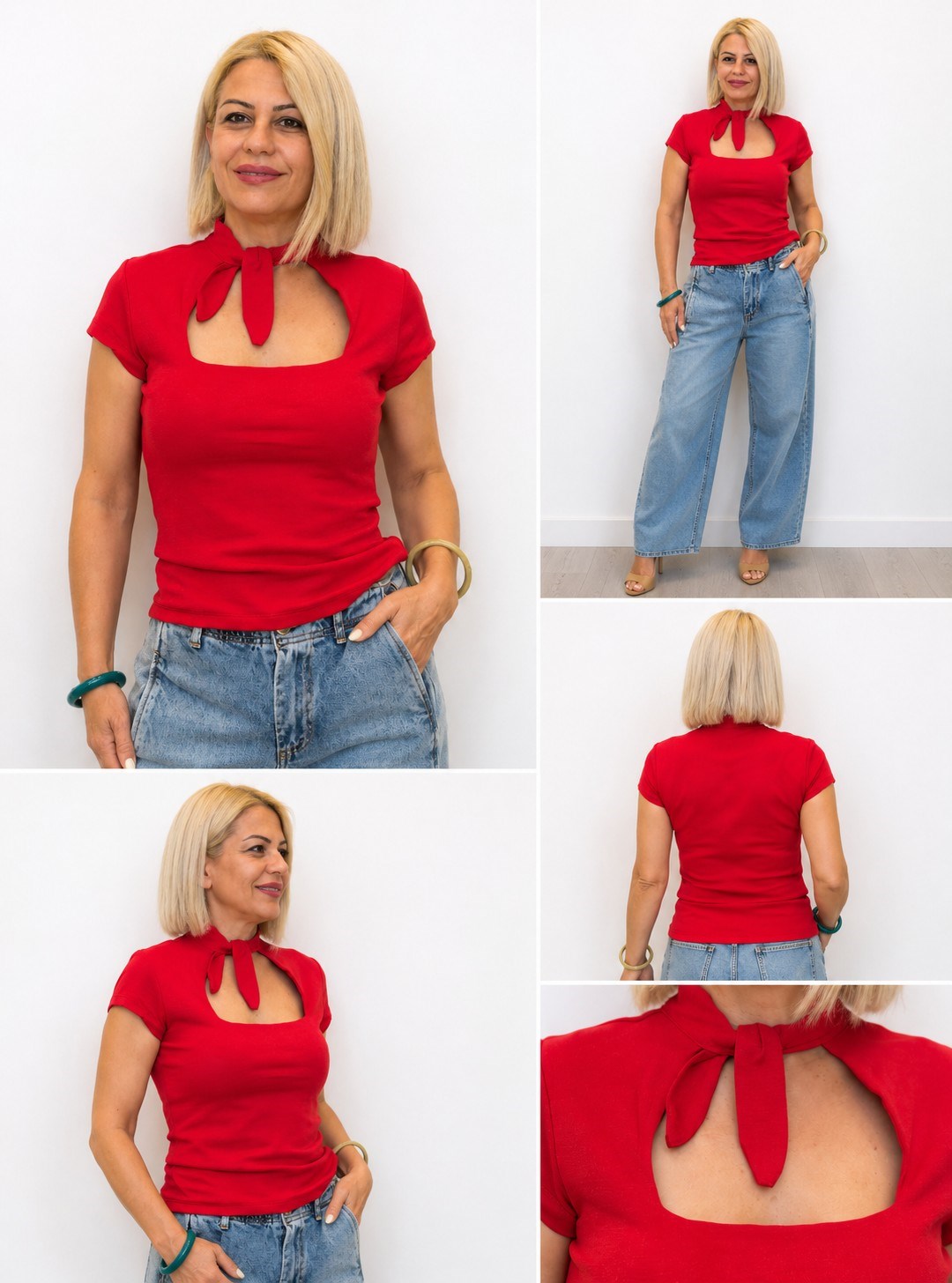 692 Kara Yaka, Mini Kol, Boyun Bağcıklı Bluz