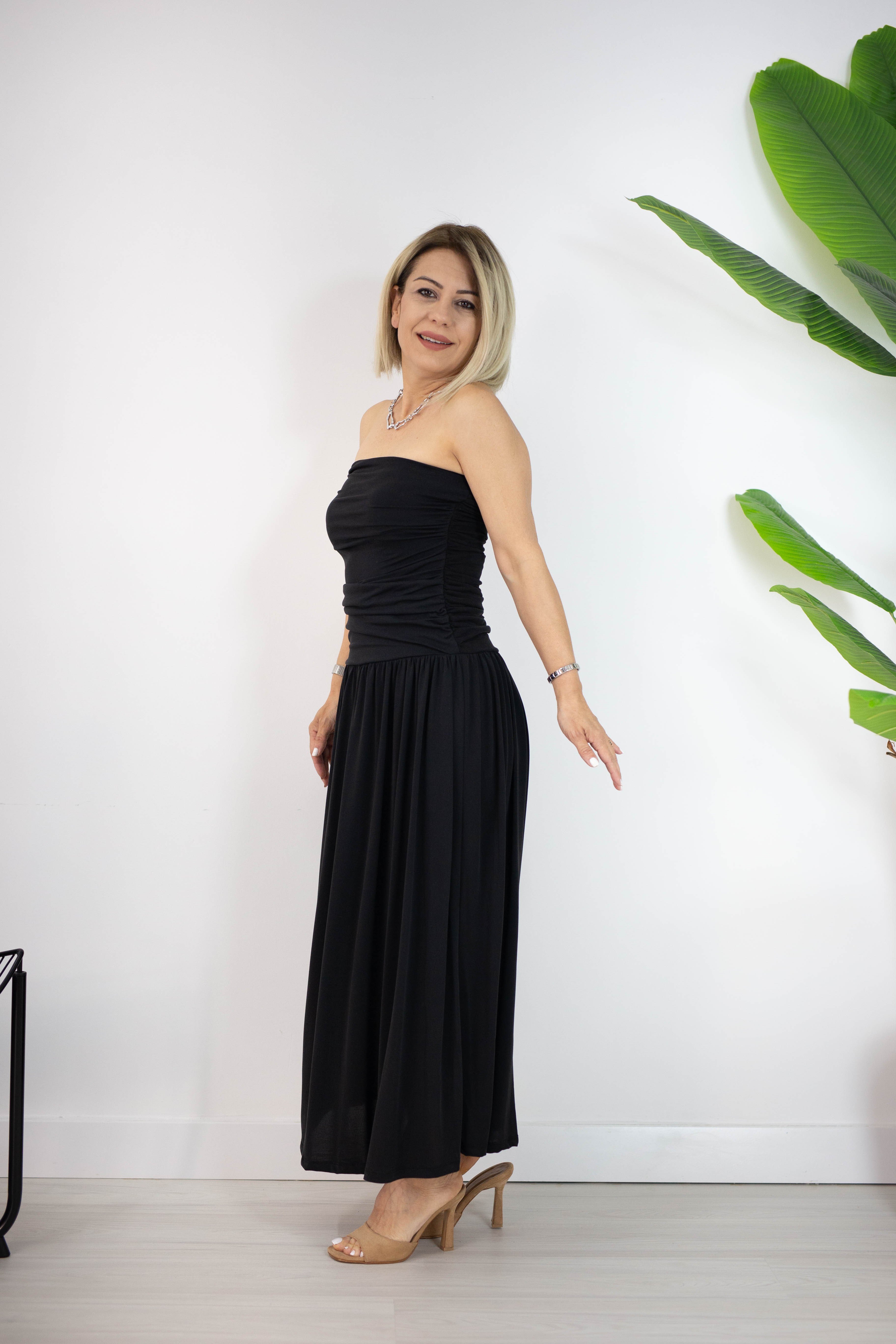 7236 DRAPELİ, STRAPLEZ, MODAL ELBİSE