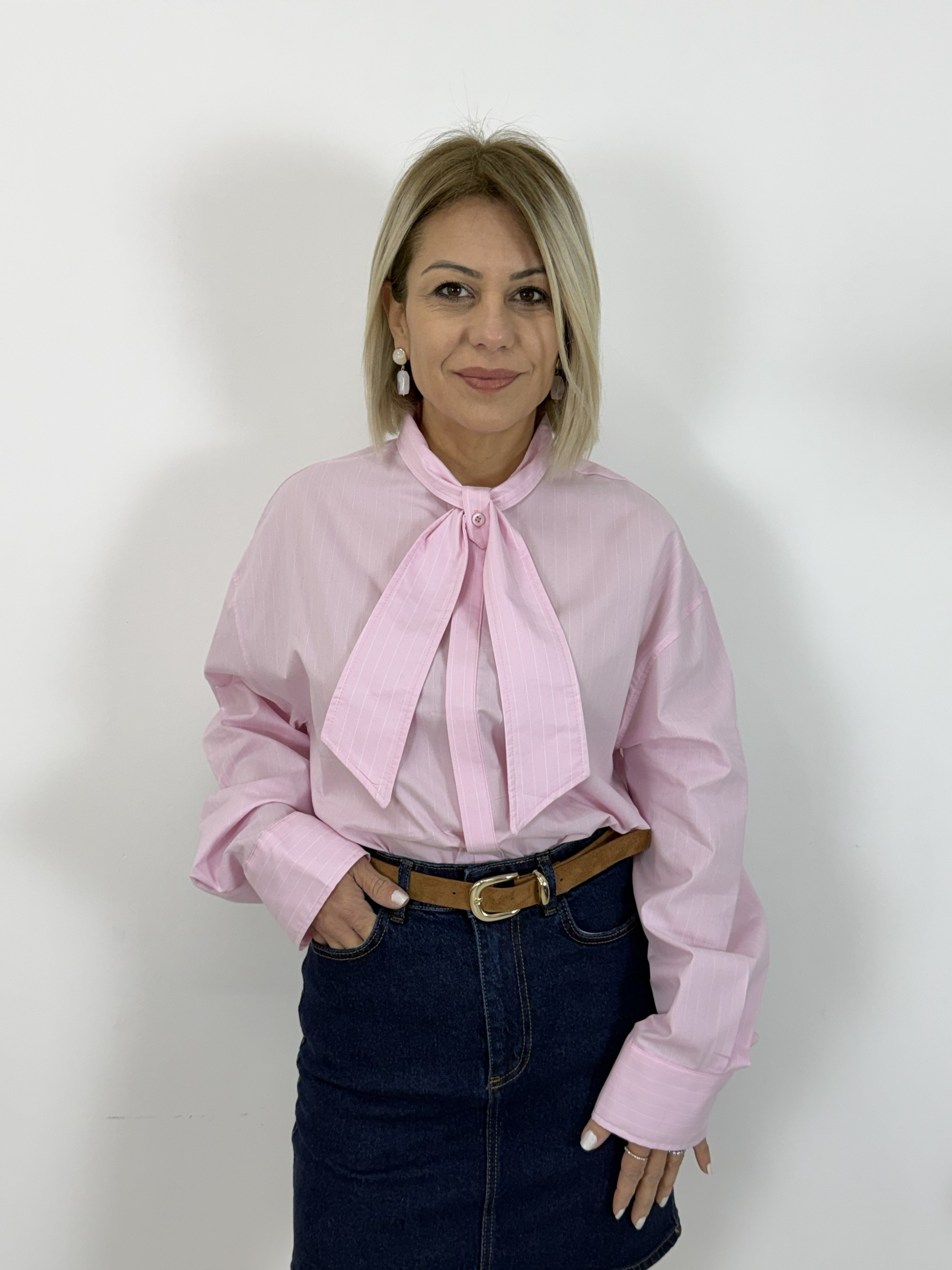 7435 Yaka Kuşaklı, Gizli Patlı, Çizgili, Boyfriend Gömlek