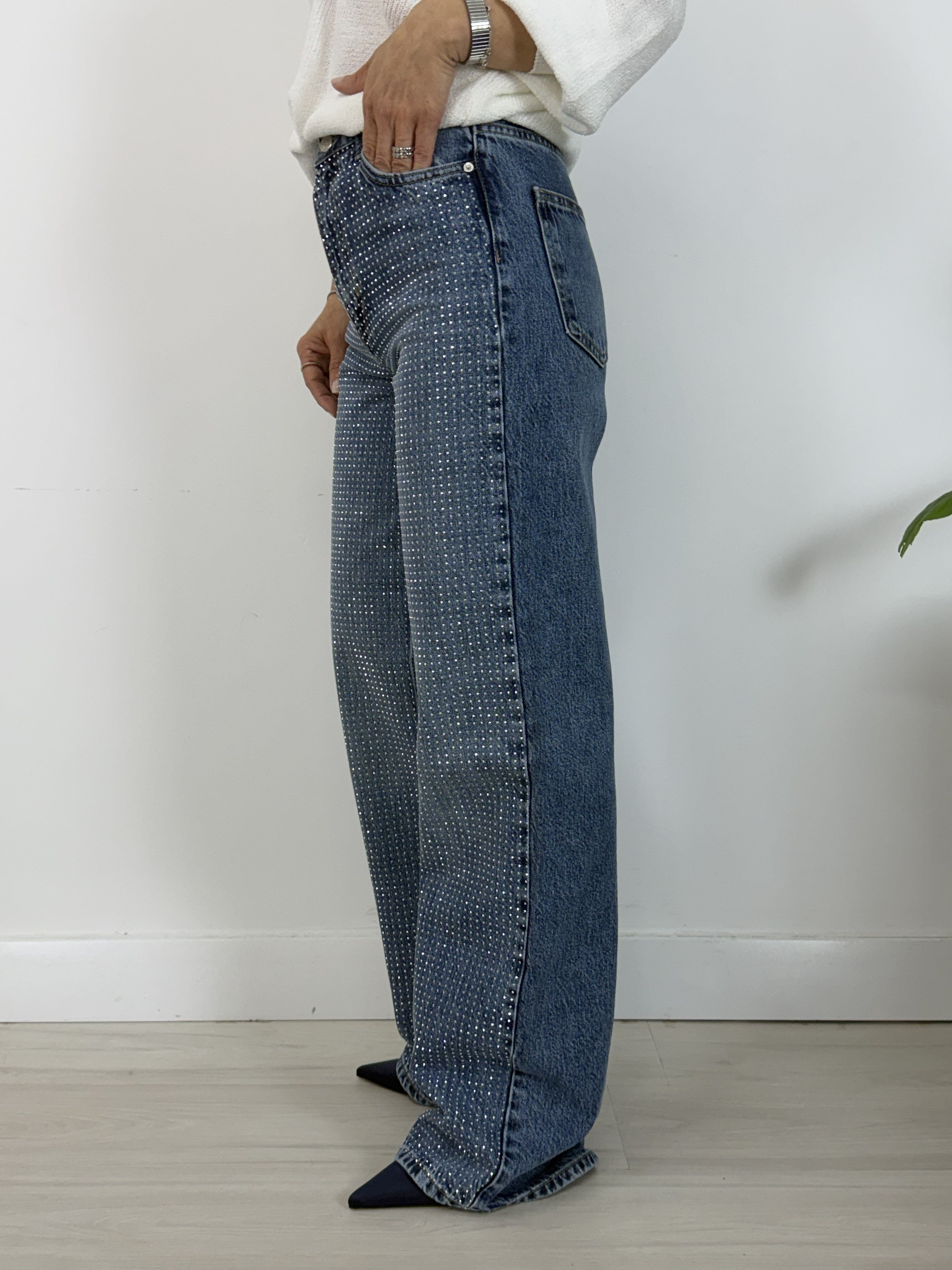 7714-T Taşlı, Wideleg Kalıp Jean Pantolon