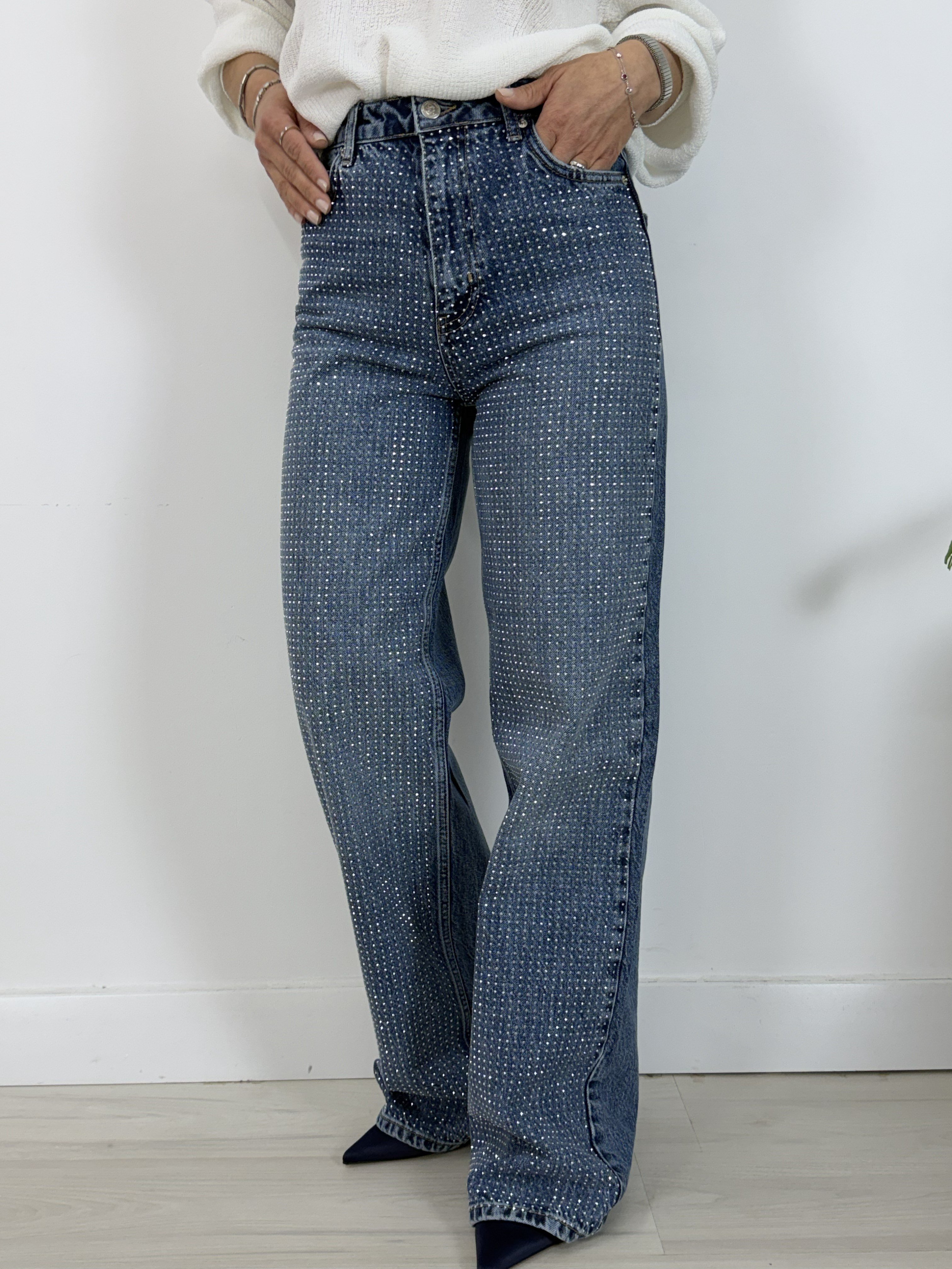 7714-T Taşlı, Wideleg Kalıp Jean Pantolon