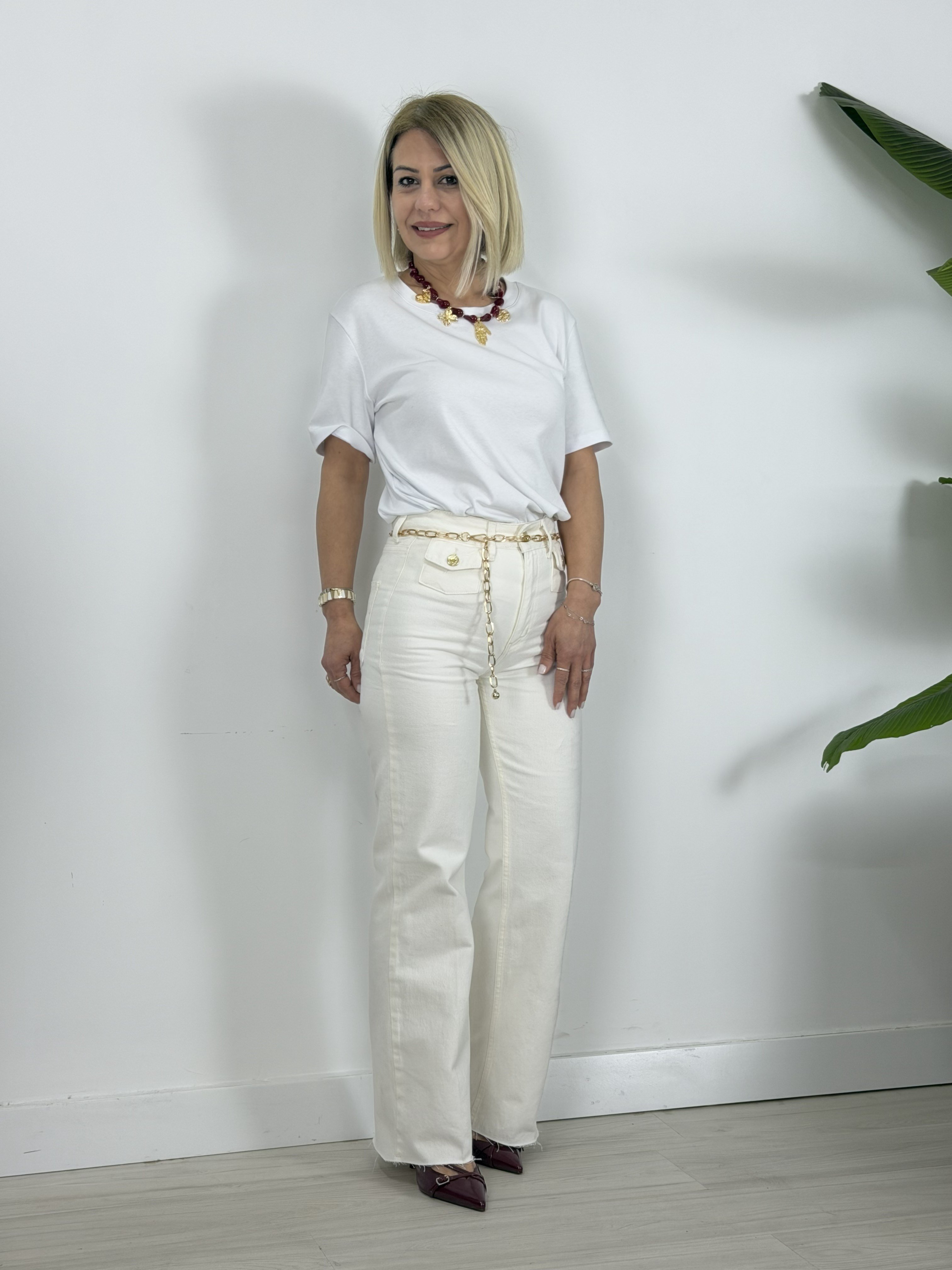 8158 Zincir Kemerli, Ön Mini Cep Detay, Wide Leg Jean