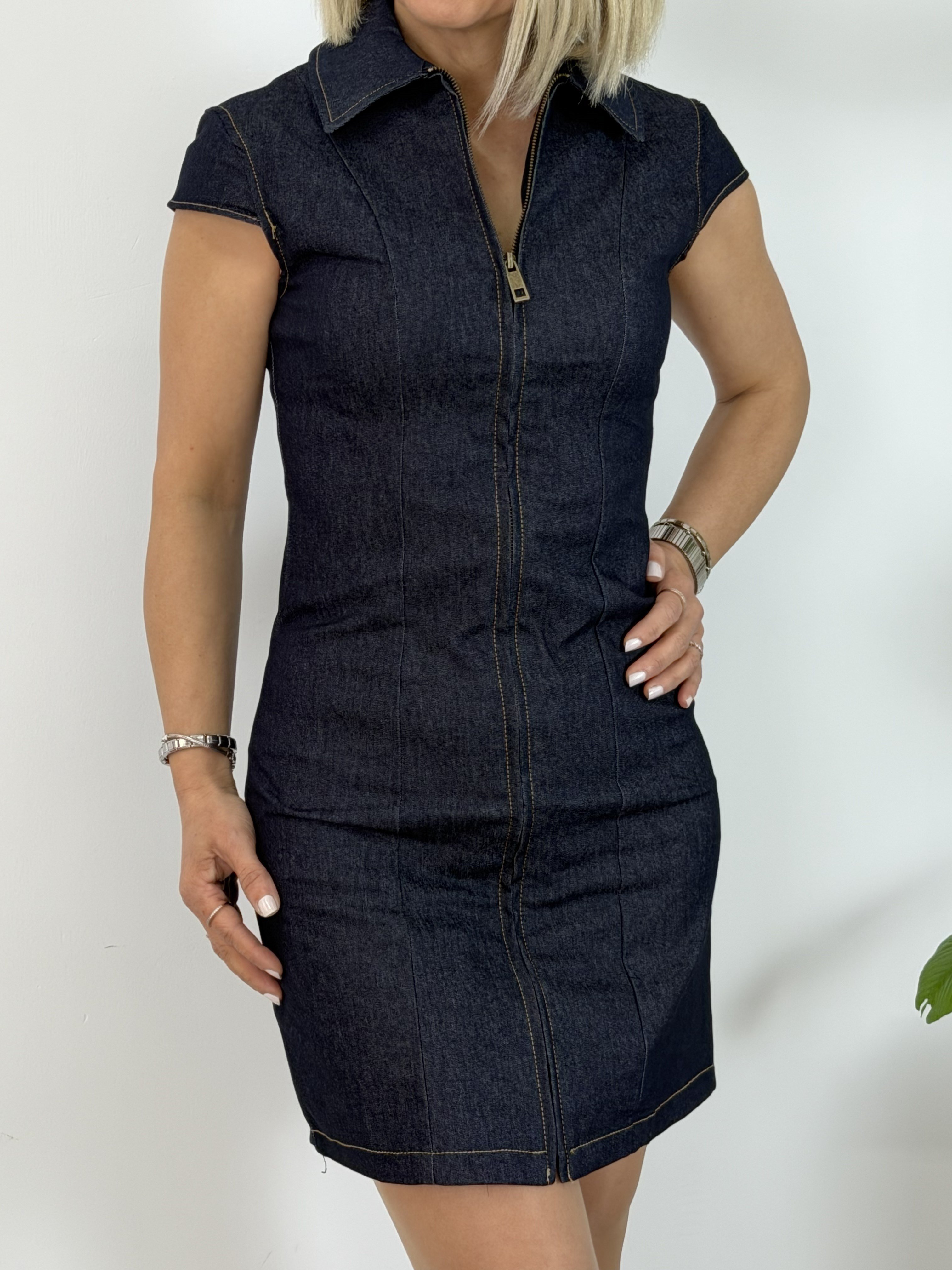 8172 Önden Fermuarlı, Bel Oturtmalı, Polo Yaka, Denim Elbise