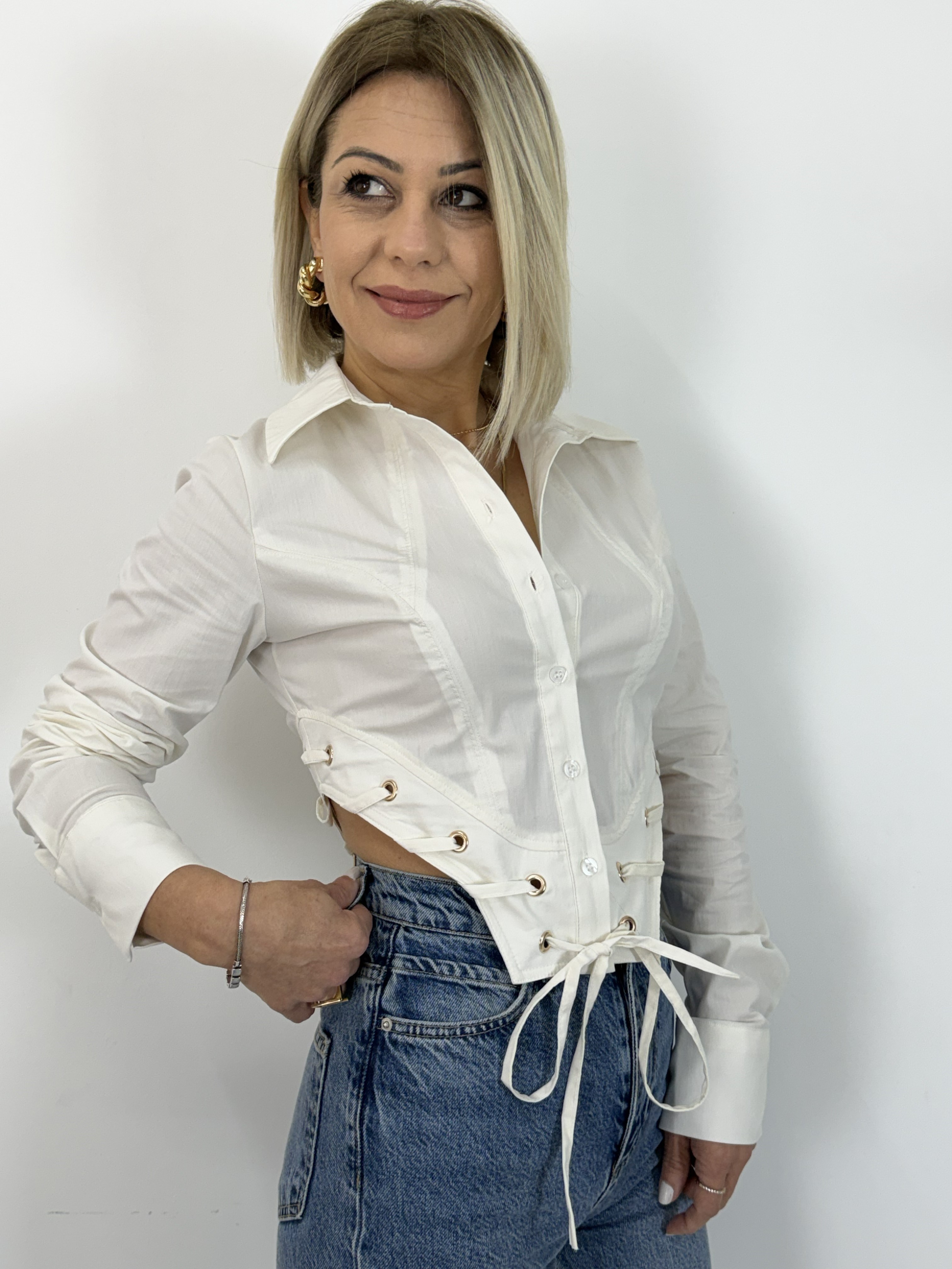 8193 Kuş Gözü Detay, Bel Dekolteli, Tasarım Gömlek