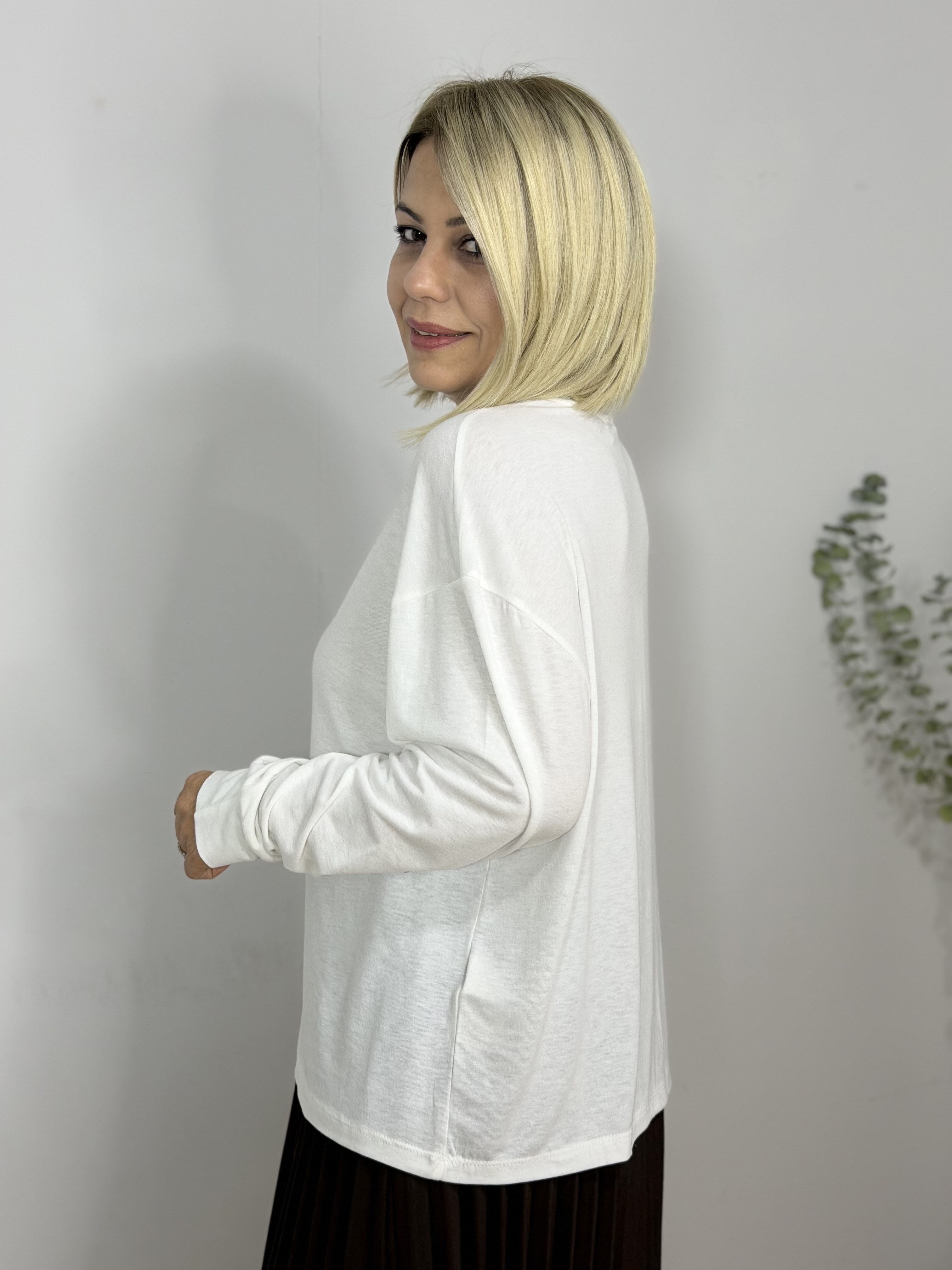 9041 Bisiklet Yaka, Nakışlı, Uzun Kol Bluz