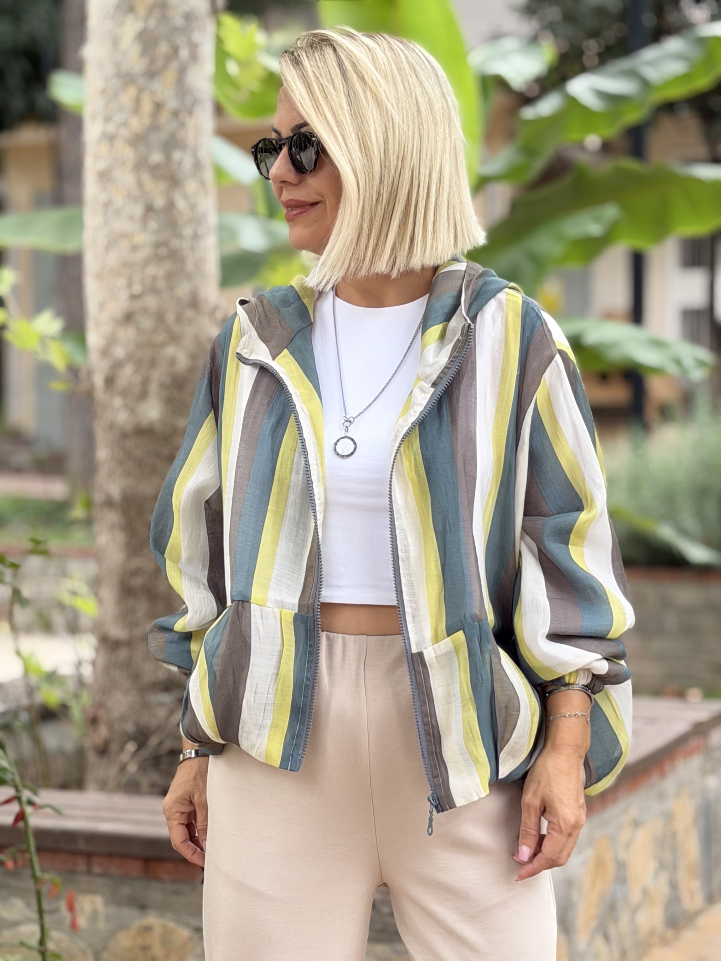 9787 Çizgili, Kapüşonlu, Astarlı, Şifon, Bomber Mont
