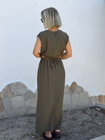 0003 Bel Pencereli, V Yaka, Kolsuz, Keten Elbise
