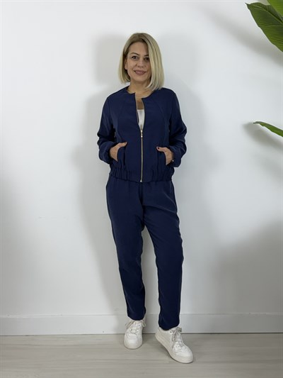 0331 Fermuarlı Bisiklet Yaka Ceket, Bel Lastikli, Bağcıklı, Pantolon Tensel Takım