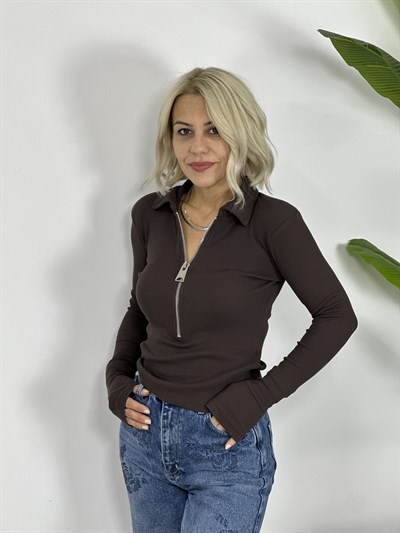 0412 POLO YAKA, FERMUAR DETAY, FİTİLLİ BLUZ