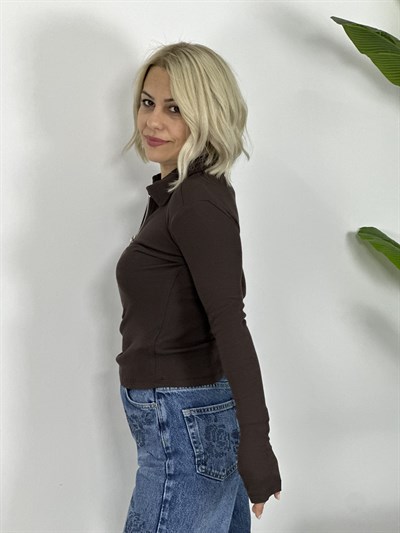 0412 POLO YAKA, FERMUAR DETAY, FİTİLLİ BLUZ
