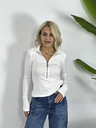 0412 POLO YAKA, FERMUAR DETAY, FİTİLLİ BLUZ