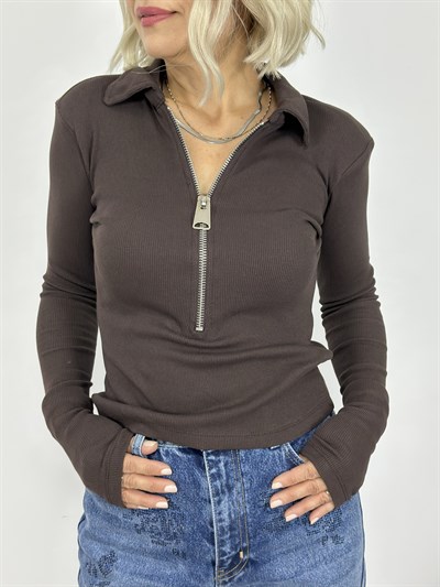 0412 POLO YAKA, FERMUAR DETAY, FİTİLLİ BLUZ