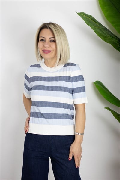 0734 BİSİKLET YAKA, DOKULU, ÇİZGİLİ, MERSERİZE BLUZ