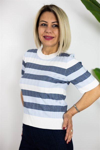 0734 BİSİKLET YAKA, DOKULU, ÇİZGİLİ, MERSERİZE BLUZ