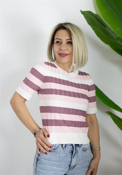 0734 BİSİKLET YAKA, DOKULU, ÇİZGİLİ, MERSERİZE BLUZ