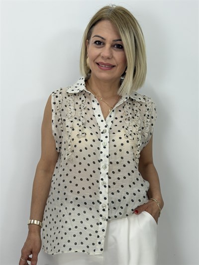 0946 Yarım Fırfır Detaylı, Kolsuz, Puantiyeli Şifon Gömlek