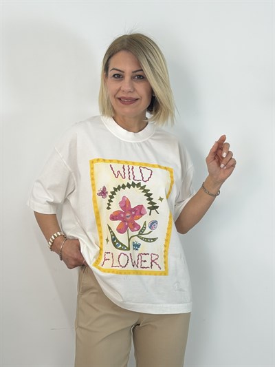1014 Flower Baskılı Pamuk Tshirt