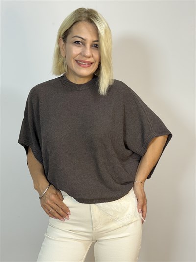 1025 Etek Ucu Dantel Garni, Bisiklet Yaka, Oversize, Merserize Bluz