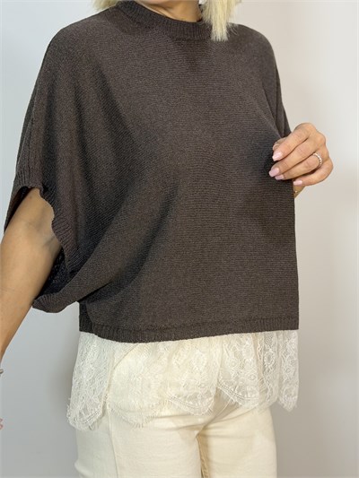 1025 Etek Ucu Dantel Garni, Bisiklet Yaka, Oversize, Merserize Bluz