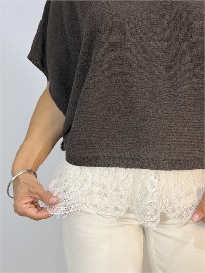 1025 Etek Ucu Dantel Garni, Bisiklet Yaka, Oversize, Merserize Bluz