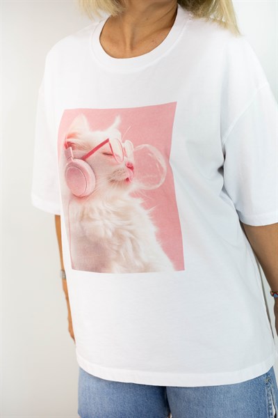 1095 PEMBE KEDİ BASKILI TSHİRT