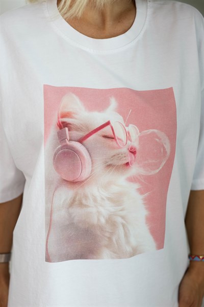1095 PEMBE KEDİ BASKILI TSHİRT