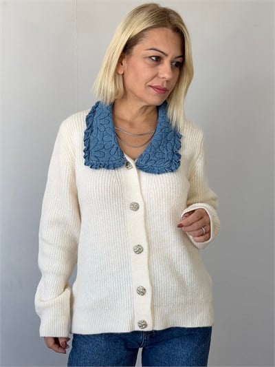 1105 Yaka Nakışlı Jean Garnili, Düğme Detay Hırka