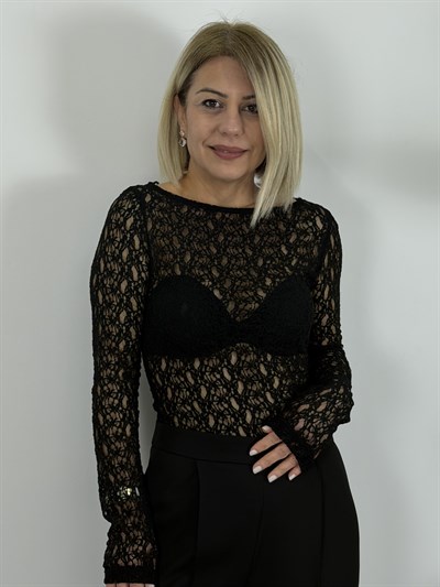 2763 Kayık Yaka, Transparan, Dantel Bluz