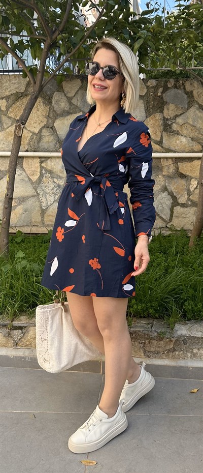 302 ÇİÇEK DESEN KRUVAZE YAKA ELBİSE
