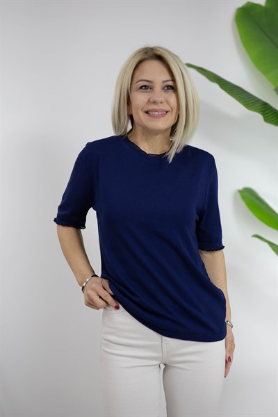 307 BİSİKLET YAKA, YAKA VE KOL UCU TÜL FIRFIRLI BLUZ