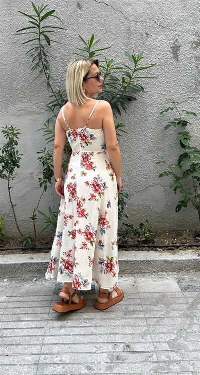 4483 ÇİÇEK DESEN ASKILI KETEN ELBİSE