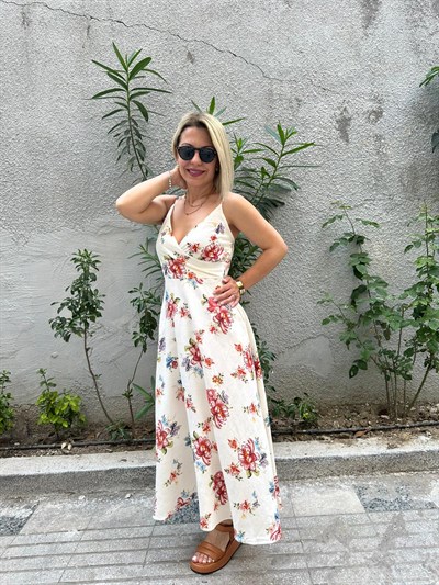4483 ÇİÇEK DESEN ASKILI KETEN ELBİSE