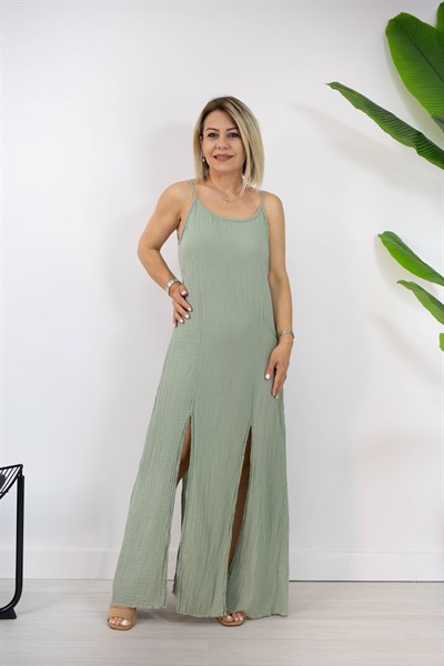 452-23 ALYA, ÖN VE ARKA ÇİFT YIRTMAÇLI, ASKILI, MÜSLİN ELBİSE