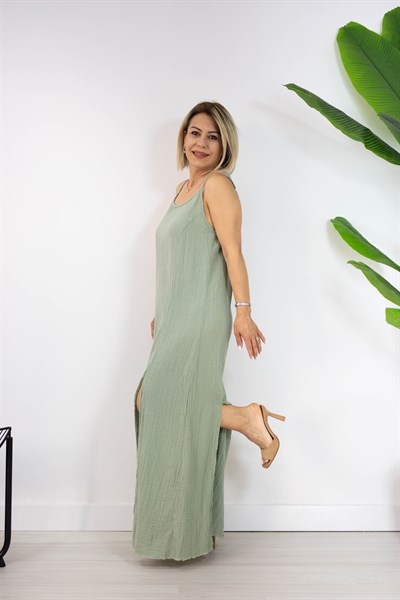 452-23 ALYA, ÖN VE ARKA ÇİFT YIRTMAÇLI, ASKILI, MÜSLİN ELBİSE