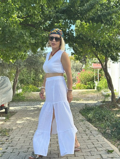 578 DERİN YIRTMAÇ ETEKLİ, CROP BLUZ MÜSLİN TAKIM