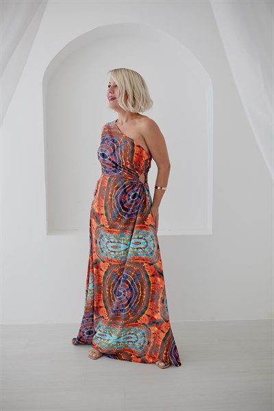 5956 TEK OMUZ BEL PENCERE DETAY ELBİSE