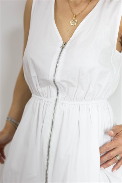 5973 V YAKA, FERMUARLI, BEL LASTİKLİ POPLİN ELBİSE