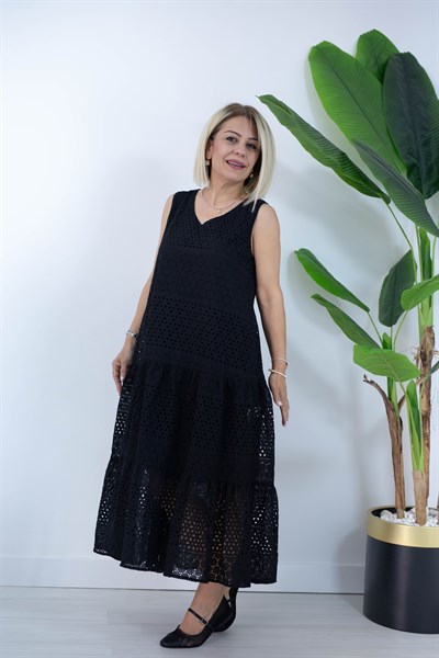 6096 V YAKA, CEPLİ, UZUN FİSTO ELBİSE