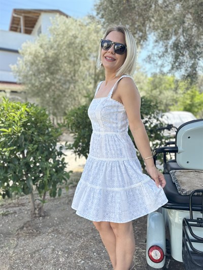 634 ASKI VE GÖĞÜS DETAYLI, MAVİ DESENLİ, ASTARLI ELBİSE