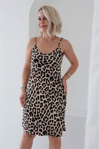 6417 LEOPAR İP ASKILI ELBİSE
