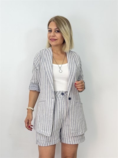 656 Çizgili, Ceketli, Şortlu, Keten Takım