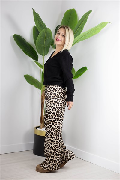 6669 SATEN, BEL LASTİKLİ, LEOPAR PANTOLON