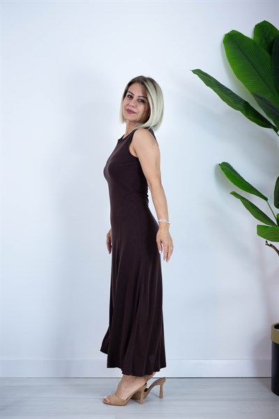 6755 BİSİKLET YAKA, KOLSUZ, PARÇALI, MODAL ELBİSE