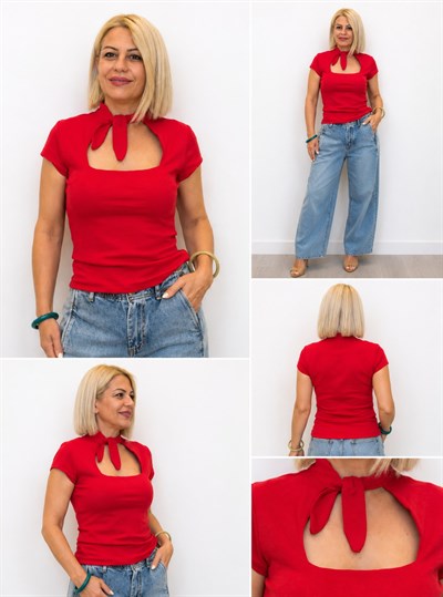 692 Kara Yaka, Mini Kol, Boyun Bağcıklı Bluz