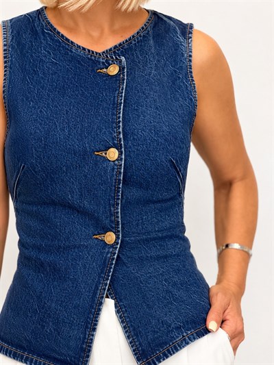 697 ZR Bisiklet Yaka, Göğüs Kulplu, Denim Yelek
