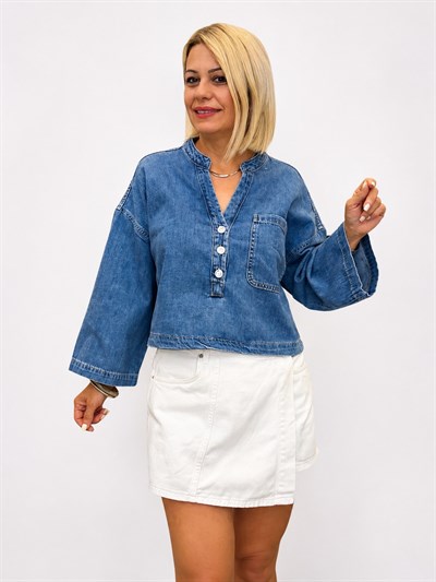 701 ZR Hakim Yaka, 3 Düğme, Bel Boy, Denim Bluz
