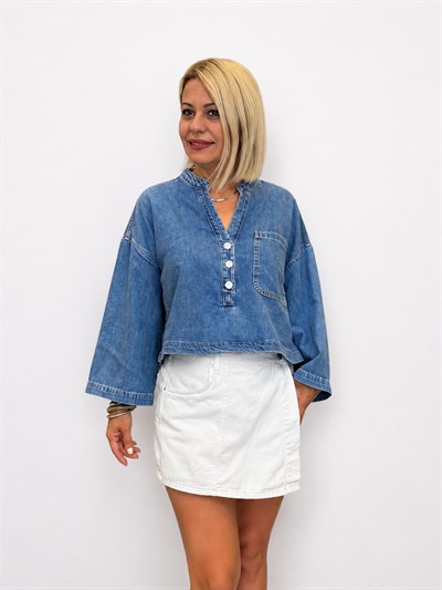 701 ZR Hakim Yaka, 3 Düğme, Bel Boy, Denim Bluz